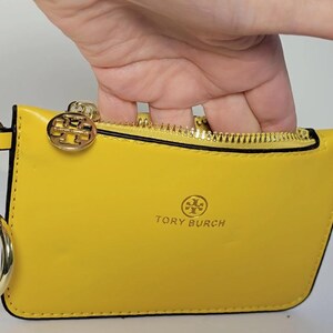 Tory Burch Yellow Leather Keychain Wallet | Small Gold Key Ring Pouch | Mini Zip Coin Purse