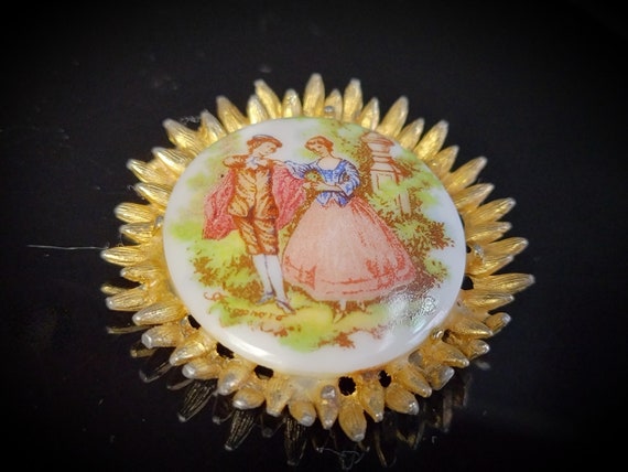 Gold porcelain Rococo jewelry, Pink Cameo Brooch … - image 10