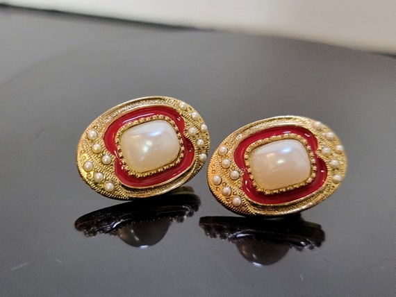 Oval Gold Red Cabochon Pearl Earrings,red and gol… - image 5