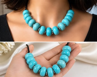 Collar de cuentas turquesas gruesas, largo ajustable
