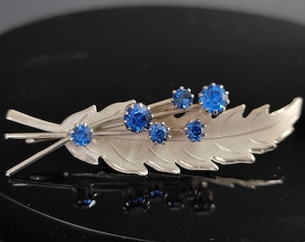 Silver tone leaf with blue crystal brooch, Something Blue for bride, something blue to bride from mom,small leaf brooch,leaf crystal brooch