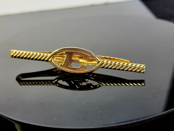 Vintage Gold Tone Initial E Tie Bar, Groom Gift