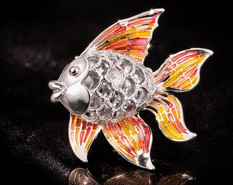 Rot Silber Filigrane Fisch Brosche, Vintage 70er Jahre Anstecknadel