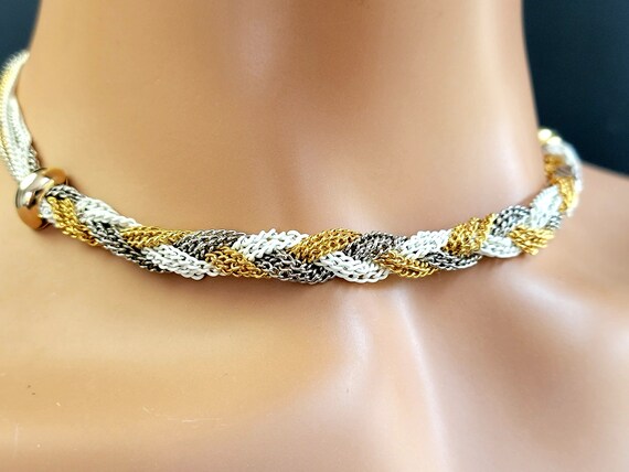 Mixed metal braided chain necklace, Tricolor chai… - image 2