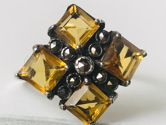 Cluster Citrine Marcasite Sterling Silver Ring, Ci