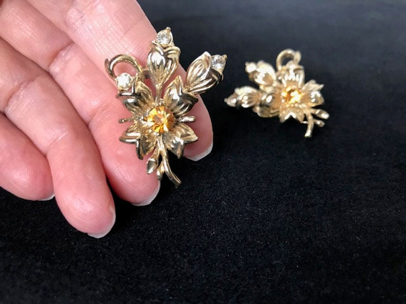 Vintage Gold Flower Citrine Earring Studs Leaves Branch Clip On Climbing Clip On Earrings Crawler Clip On Earrings Wedding Bride