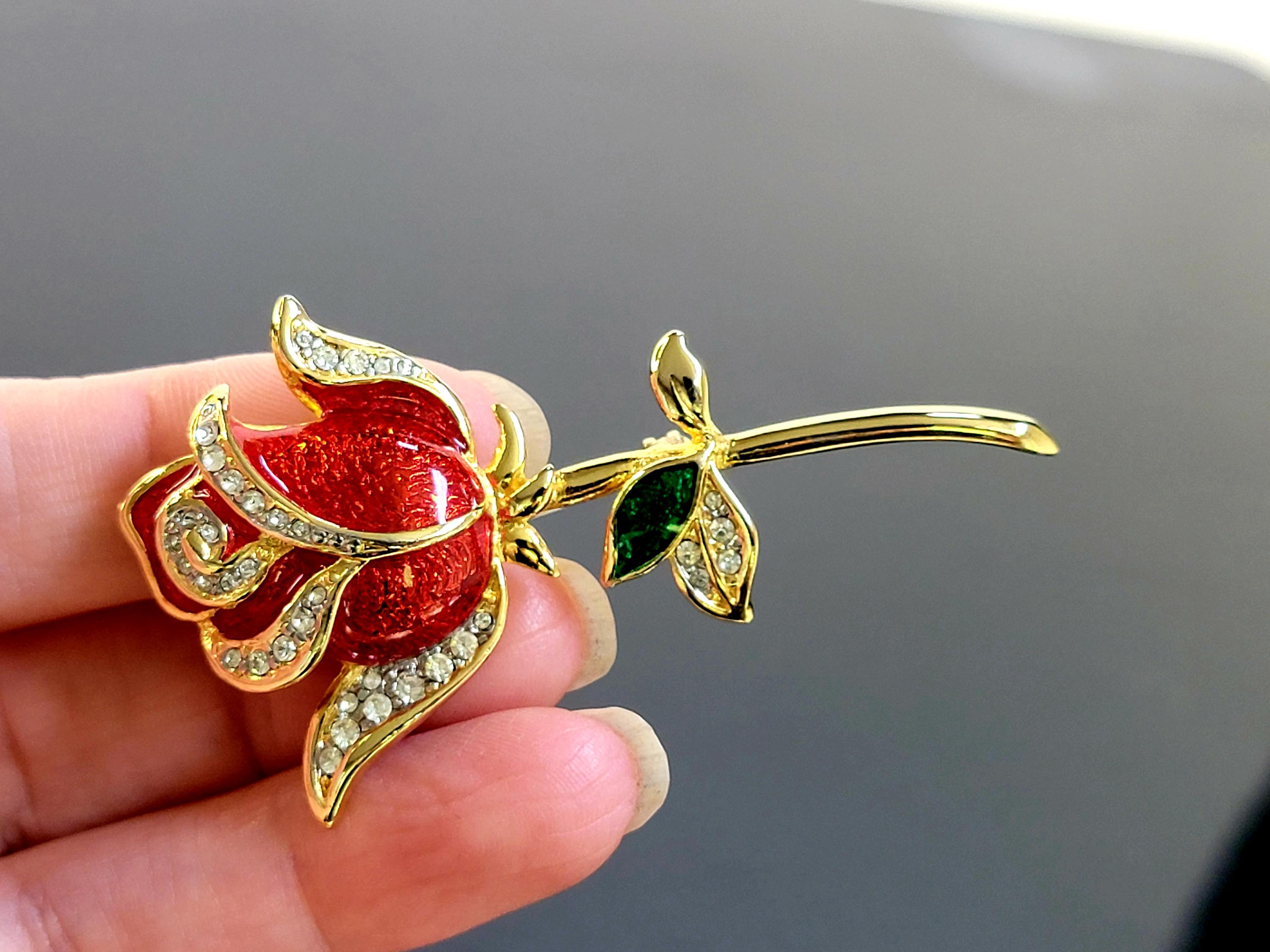 Vintage BJL Red Enamel Rose Brooch – Art Deco Rhinestone Flower