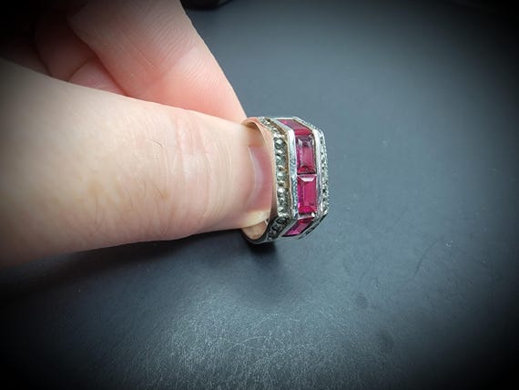 925 Sterling Silver Red Ruby Ring, Antique Rectan… - image 7