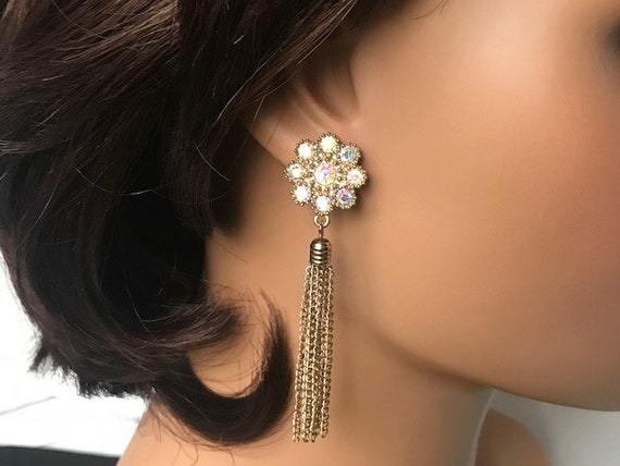 AB Crystal  long chain tassel earrings, AB crysta… - image 1