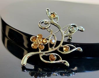 Broche floral dorado vintage, broche con cristales de berilo y diamantes de imitación, años 50 y 60
