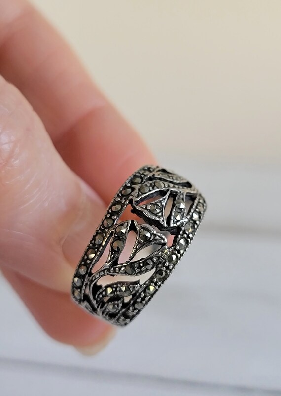 Filigree 925 Sterling Silver Marcasite Band Ring, 