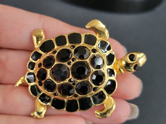 Large Onyx crystal sparkling Turtle Figural Brooc… - image 1