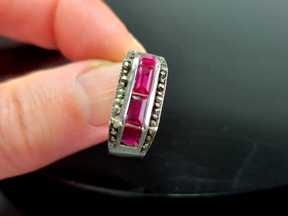 925 Sterling Silver Red Ruby Ring, Antique Rectan… - image 1