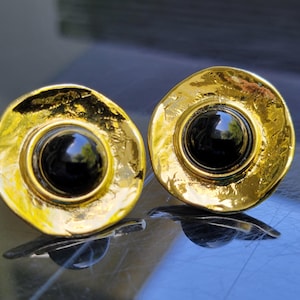 Vintage Marilyn Monroe Gold Onyx Clip-On Earrings, Black Button Style, Norma Jean gold onyx clip-on earrings, designer luxury brand jewelry