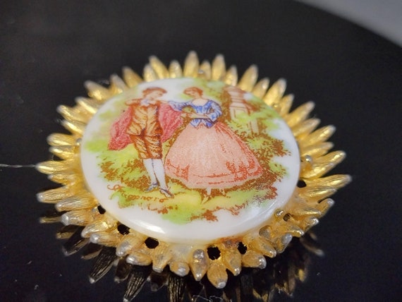 Gold porcelain Rococo jewelry, Pink Cameo Brooch … - image 9