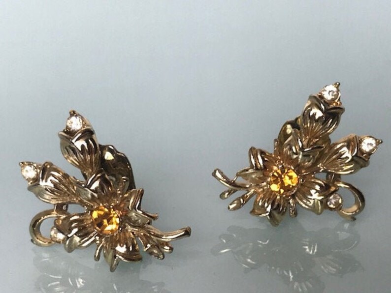 Vintage Gold Flower Citrine Earring Studs Leaves Branch Clip On Climbing Clip On Earrings Crawler Clip On Earrings Wedding Bride