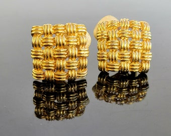 Square gold  basket Weave Clip on Earrings, 50th birthday gift for women