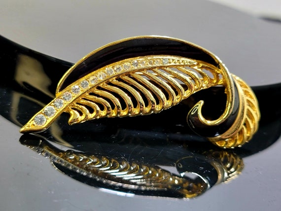 Vintage Gold and Black Enamel Feather Brooch,feat… - image 1