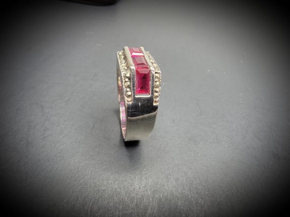 925 Sterling Silver Red Ruby Ring, Antique Rectan… - image 8