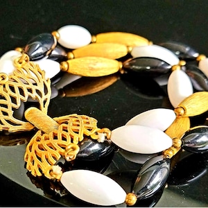 Vintage Black White & Gold Beaded Necklace with Filigree Clasp | Statement Layered Jewelry | Retro Chunky Bead Necklace | 1960s Style Gift