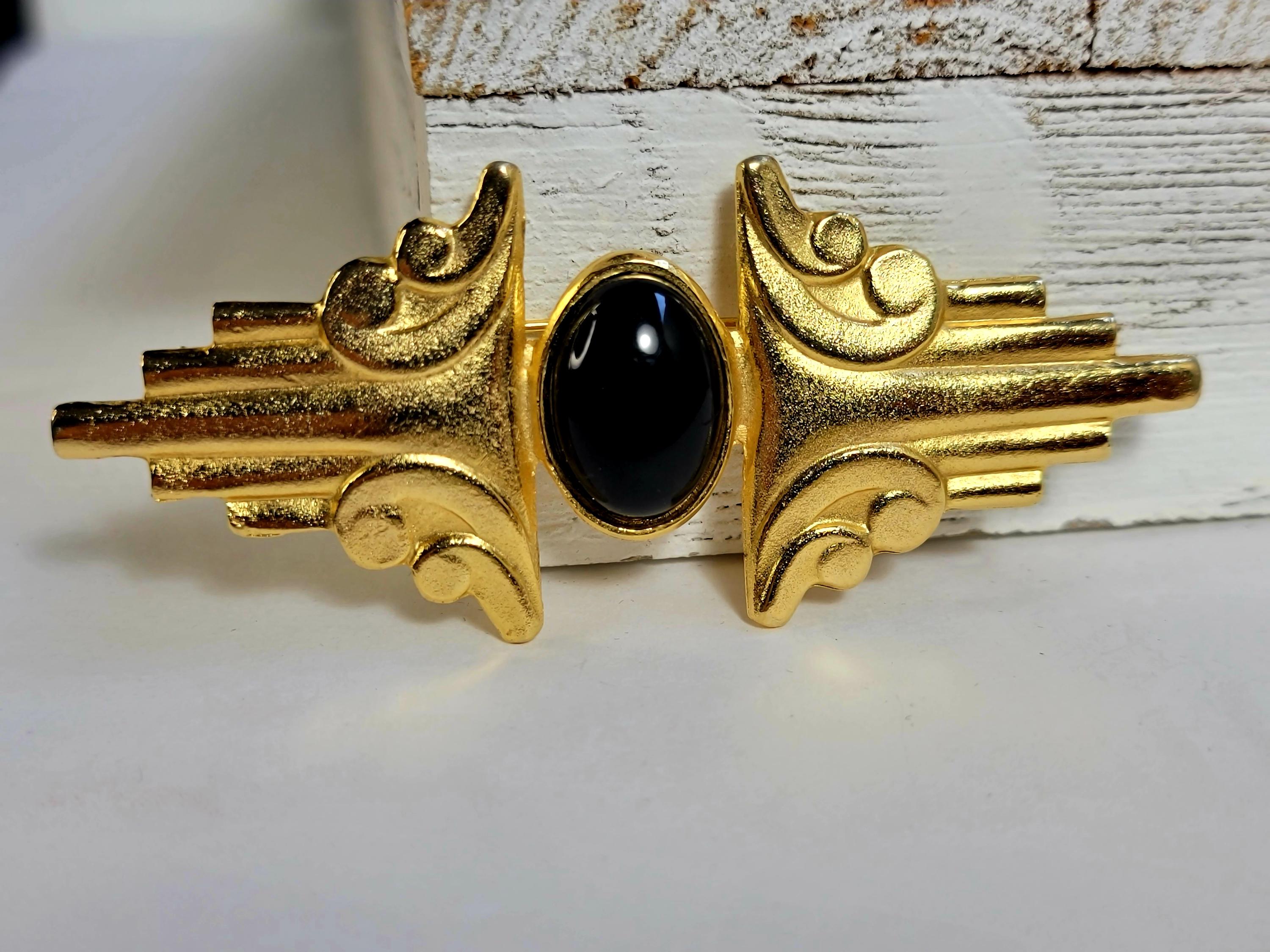 Broche Ancienne Branche En Onyx Noir Et Cristal Blanc - Métal Doré, Occasion