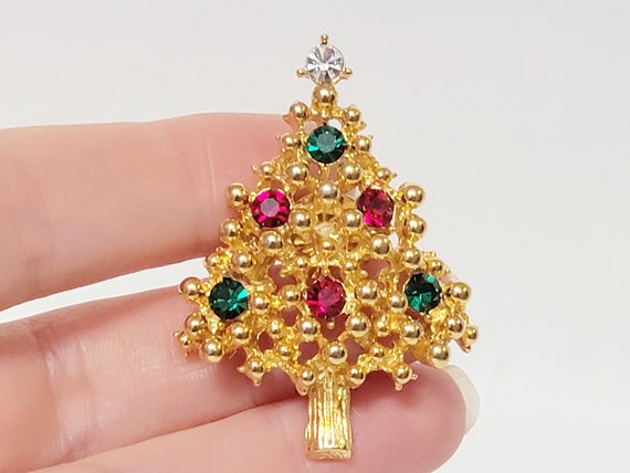 Red and Green rhinestones christmas tree pin, chr… - image 3