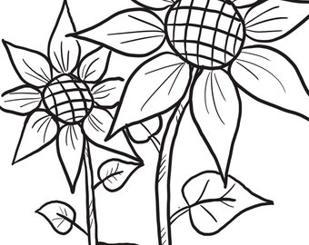 May include: A black and white line drawing of two sunflowers with stems and leaves.