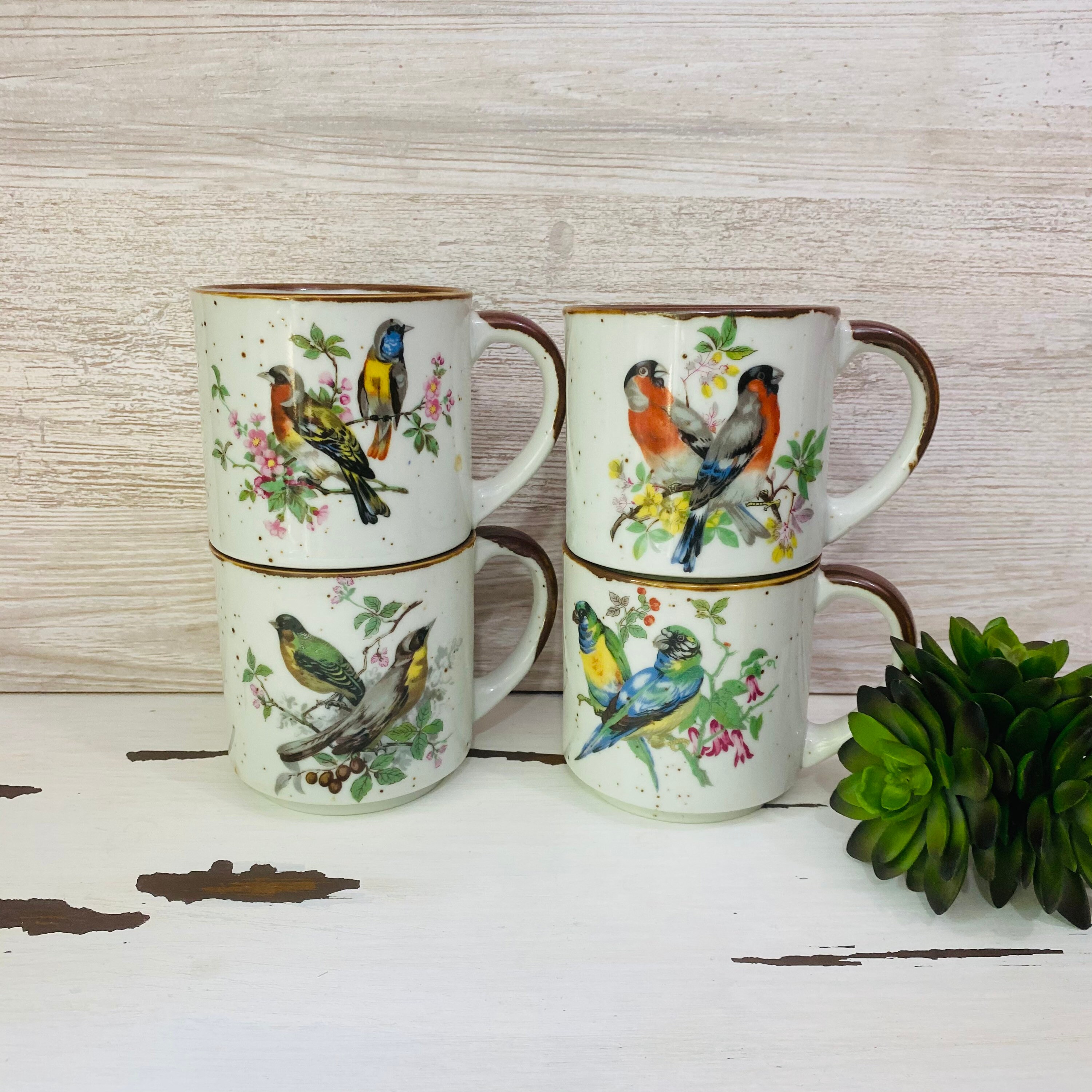Set of 4 Vintage Bird Coffee Mugs Cups Speckled Stoneware Etsy