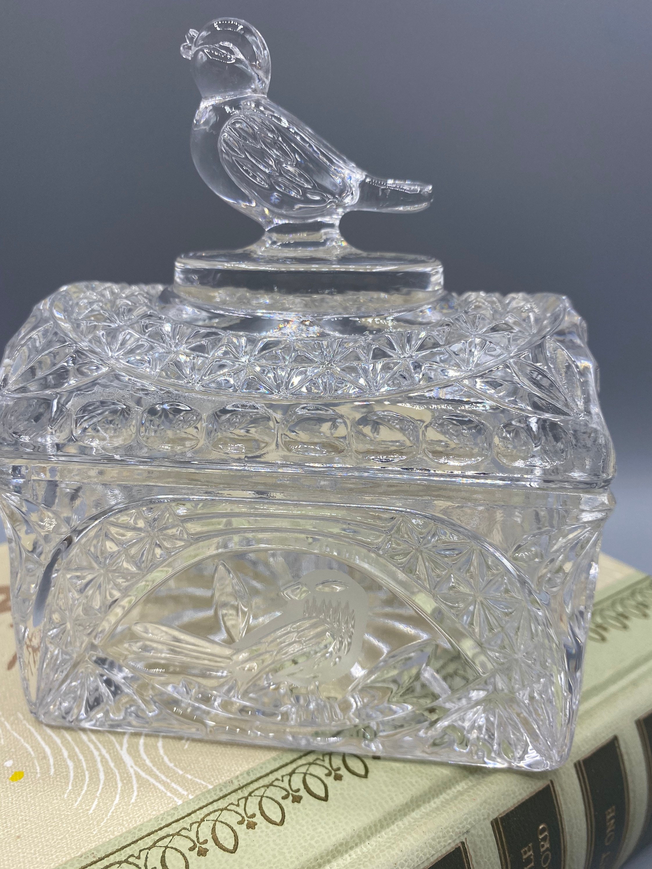 Vintage Bird Glass Trinket Box with Lid Clear Etched Bird on Etsy
