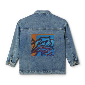 May include: A light blue denim jacket with a button-down front and long sleeves. The back features a square patch with an abstract painting in shades of blue, orange, and brown. The artwork depicts intertwined lines.