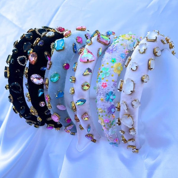 Colorful Gemstones Headband, Handmade Padded Headbands,  Black Embellished Headbands, Designer Rhinestone Headbands, Luxury jeweled headband