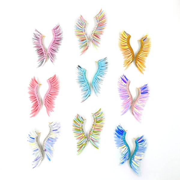 Clearance! Large Wing earrings, statement earrings, colorful wings, metallic beaded prom earrings, butterfly earring, elegant wing