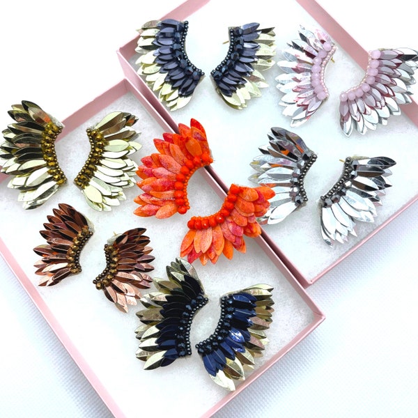 New Colors, Angel Wing earrings, Statement handmade earrings, Sequin angel wings party earring, unique beaded prom earrings, mini wing studs