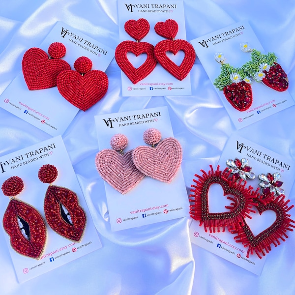 Valentines Day Earrings, Heart Earrings, Lip Earrings, Strawberry Earrings, Red Heart, Handmade, Bead earrings, Valentines Day gift ideas.