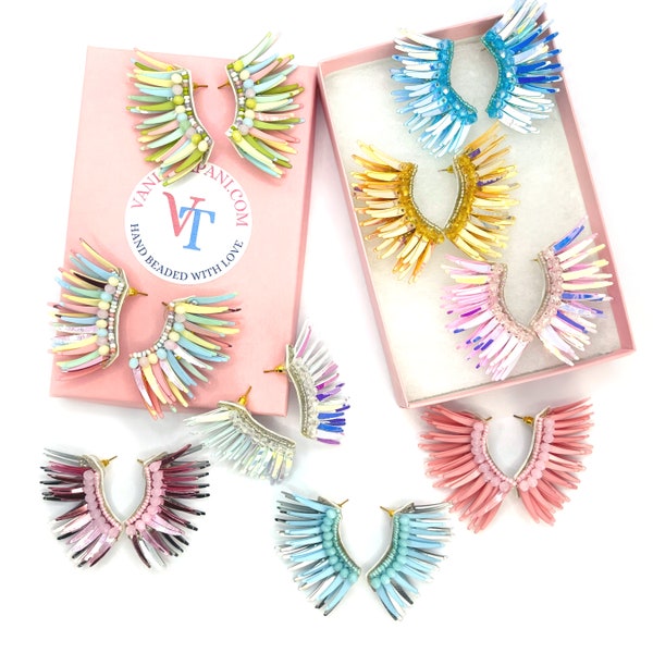 SMALL Summer vibes, Large Wing earrings, statement earrings, colorful wings, metallic beaded prom earrings, butterfly earring, elegant wing