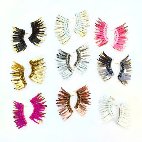 Angel Wing earrings, Statement handmade earrings, gold sequin angel wings party earring, unique beaded prom earrings, mini wing studs