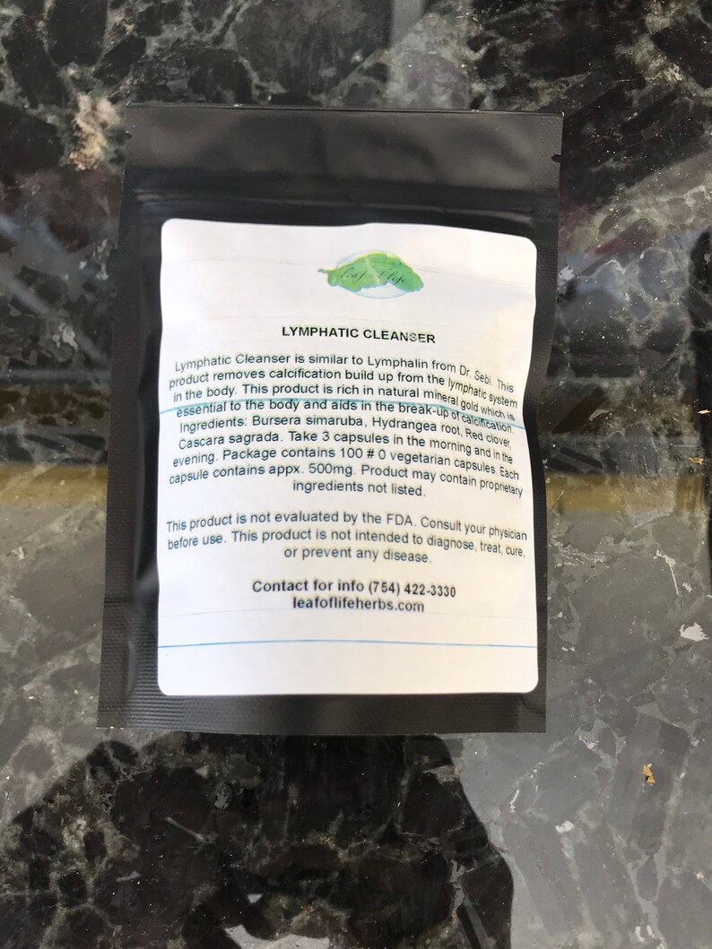 May include: A black and white label with green leaf design for Lymphatic Cleanser. The label lists ingredients, dosage, and contact information for Leaf of Life Herbs.