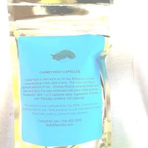 Jamaican wildcrafted Chaney Root powder in #0 vegetarian capsules. Can be used with Sarsaparilla and other herbs