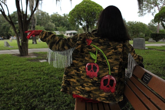 Cherry Bomb Hand Painted Denim Jacket With Rhines… - image 1