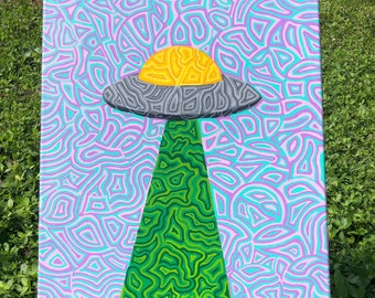 Spaceship Painting, Hand-painted, UFO Artwork, Wall Art, Wall Decor, Canvas Art, UFO Painting