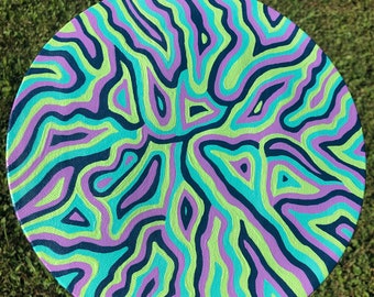 May include: A round canvas painting with a swirling abstract design in shades of green, blue, purple, and black.