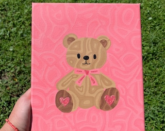 Teddy Bear Painting, Canvas Wall Art, Hand-Painted, Wall Decor