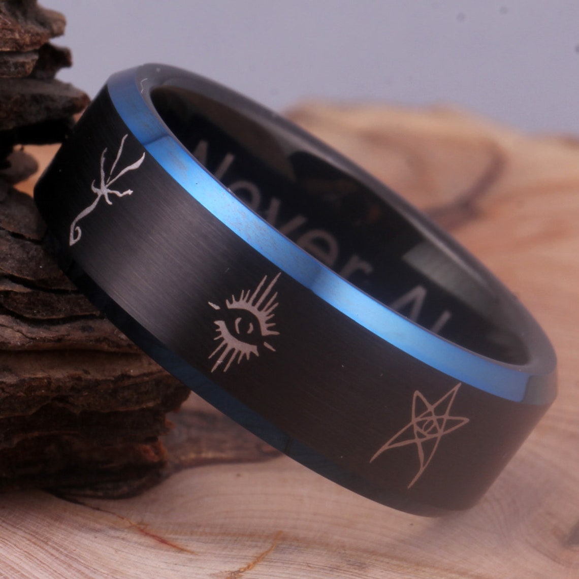 Blue Rune Ring Blood Borne Hunter Runes Tungsten Ring Black Wedding Game Ring Matte ...