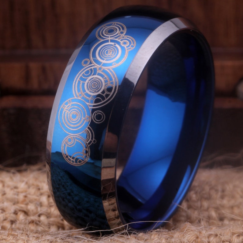 Doctor Who Ring Gallifreyan Wedding Rings Time Lord Ring For Women Doctor Who Ring Men 8MM  ICONIC BLUE Dome Silver Edges Blue Tungsten Band