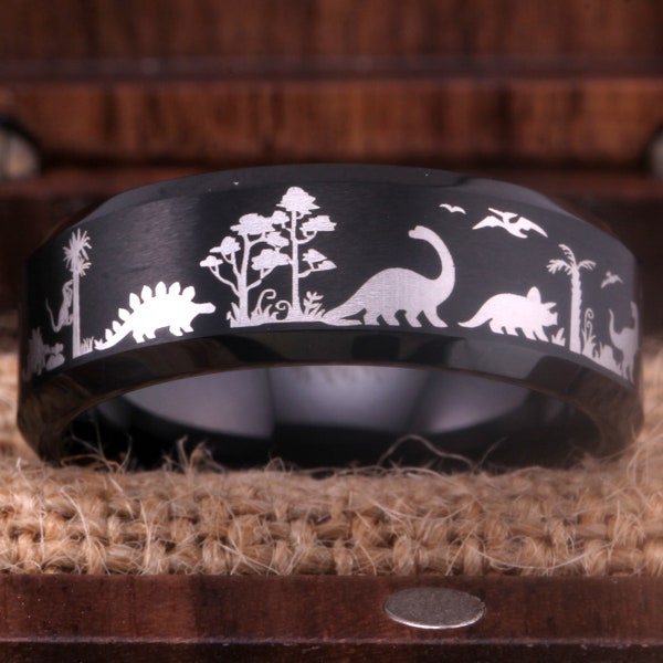 Dinosaurs Ring Black Tungsten Ring With Dinosaurs Jurassic Dinosaurs Ring Black Tungsten Wedding Ring Comfort Fit Design Free Personalized