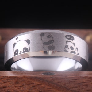 Engraved Panda Ring, Panda Pattern Ring, Panda Wedding Band, Panda Promise Ring, Tungsten Carbide Free Custom Engraving Cute Panda Rings