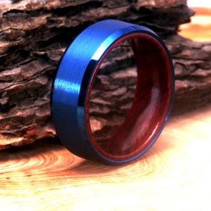 Rose Wood Mens Wedding Band Blue Tungsten Wedding Ring Rose wood Lining, Wood Sleeve Matte Finished Blue Tungsten Ring