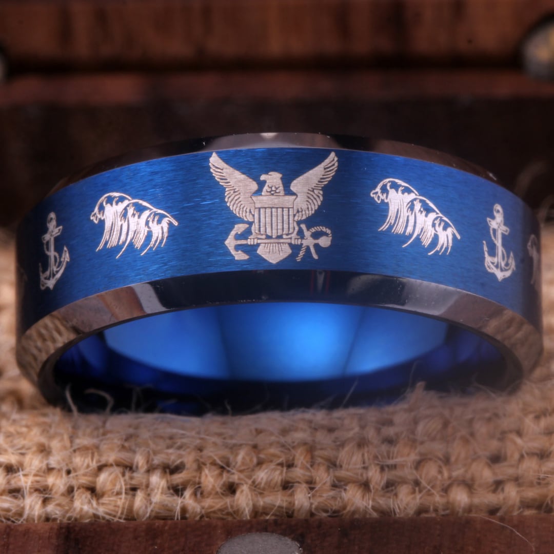 Navy Tungsten Ring US Army Military Ring Navy Ring Anchor Ring Waves