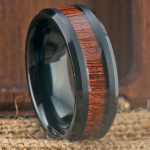 The Aloha Koa Ring Black Tungsten Ring Hawaiian Wood Ring Matte Black Ring Wood Engagement Ring Wedding Ring Ring for Men Free Engraving