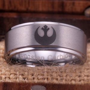 Engraved Star Wars Rebel Alliance Tungsten Wedding Band Band Rings 8mm Available, Rose Golden, Blue ,Silver, Black and Gold Colors